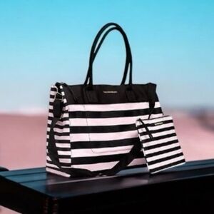 Victoria’s Secret Duffel Bag Black White Pink Stripe Canvas with Makeup Case